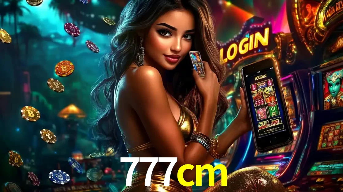 Mulher em um cenário de cassino temático de aventura, mostrando o app de caça-níqueis da 777cm no celular. Fichas de apostas flutuam ao redor.