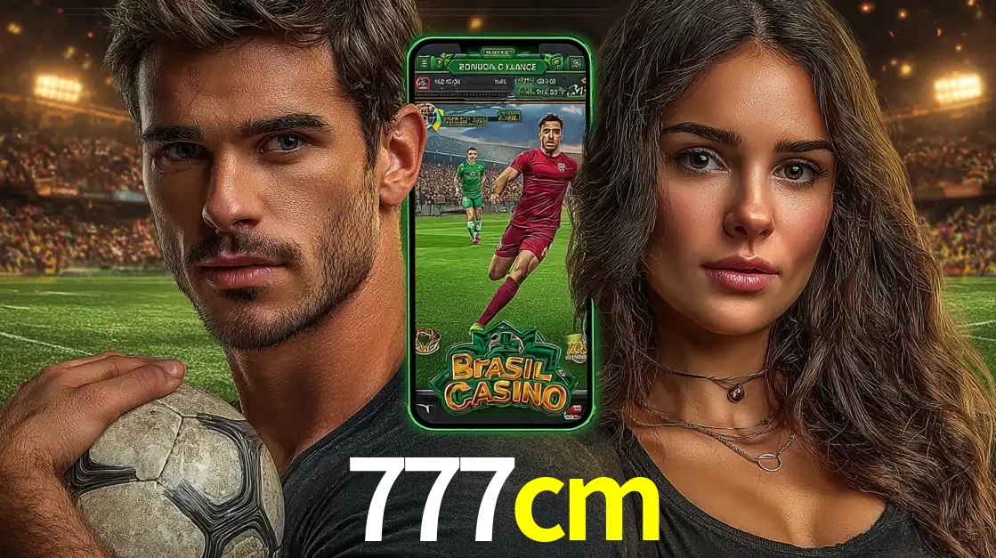 Homem segurando uma bola de futebol e uma mulher ao lado de um smartphone exibindo o jogo de apostas esportivas da 777cm. Faça seu palpite no cassino online.